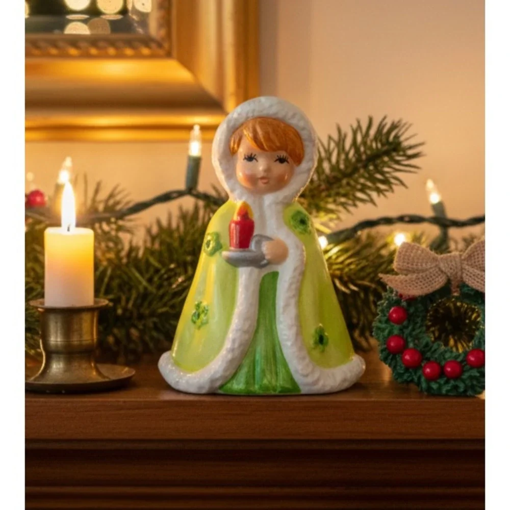 Vintage MCM Christmas Girl Figurine Korea Ceramic Green Candle‎ Holiday Decor